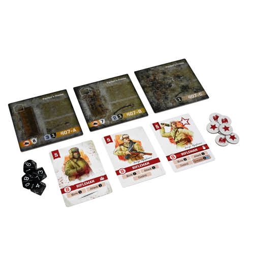 A photo of Undaunted: Stalingrad tiles showing the different versions for different states of destruction, and a unit card showing base, upgraded and reserve versions