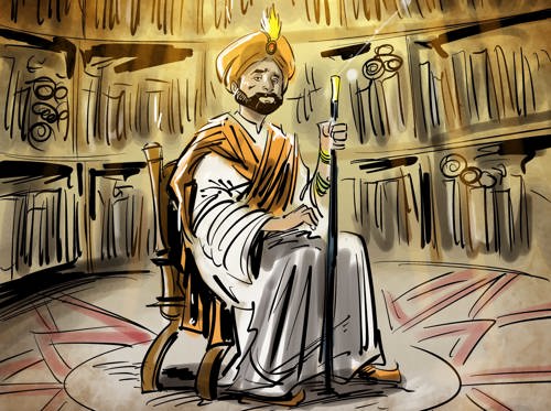 An illustration of al-Ma'mun seated on a chair surrounded by texts and scrolls