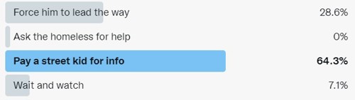 Screenshot of a Twitter poll showing the winning option as "Pay a street kid for info"