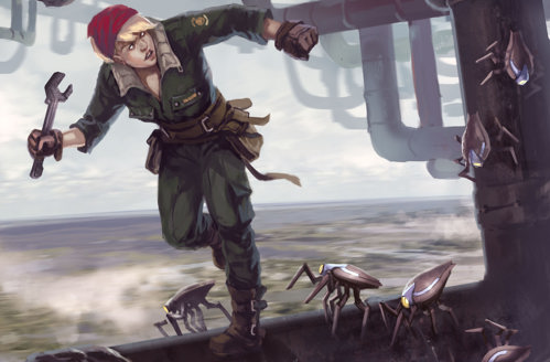 An illustration of a woman in mechanic's overalls holding a spanner and running along a network of precarious pipes, pursued by a swarm of mechanical crawling insects