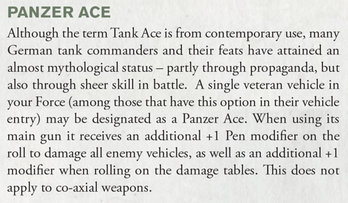 An extract from Bolt Action: Armies of Germany: Third Edition showing the "Panzer Ace" special rule for German tanks