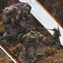 A photo of fully painted miniature figures and terrain for wargaming: a robot and a half-medieval, half-futuristic figure face off against a huge misshapen monstrosity in a dark forest