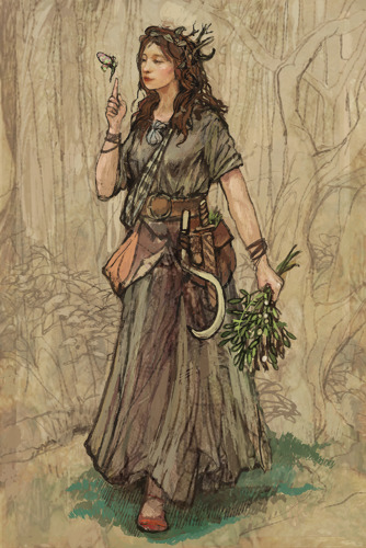 An illustration of a woman wearing a flower crown walking through woods with a fairy alighting on her fingertip