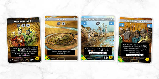 A spread of sample cards from the Abbasids deck of Imperium: Horizons, titled left to right: Merchant Empire, Baghdad, Dredging the Tigris, Turkish Mercenaries