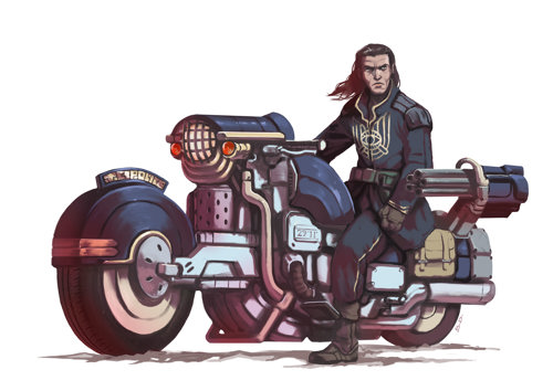 An illustration of a uniformed figure sat on a chunky dieselpunk motorcycle