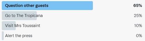 Screenshot of a Twitter poll showing the winning option as "Question other guests"