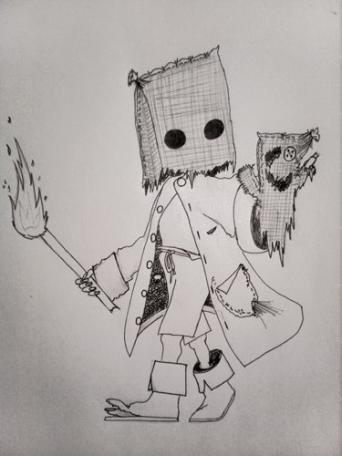 A simple ink sketch of a child in a ragged coat and a simple sackcloth mask, holding a flaming torch in one hand and with a sackcloth hand-puppet on the other.