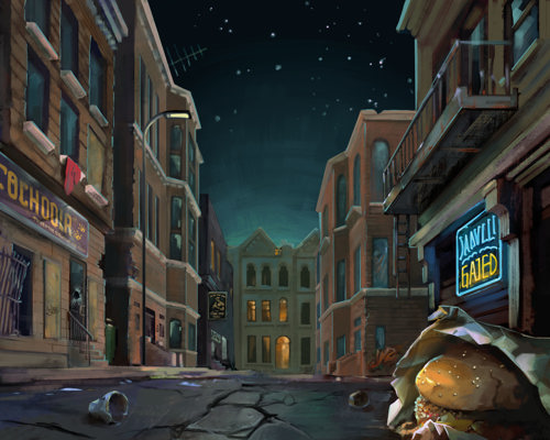 An illustration of a deserted and run-down city street by night, lined with shopfronts and neon signs. In the foreground a burger in a paper bag has been dropped on the floor.