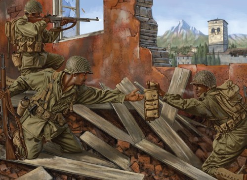 An illustration of soldiers of the US 92nd Infantry Division taking cover behind a ruined wall in an Italian town