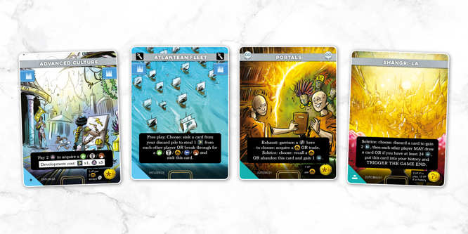 A sample spread of cards from Imperium: Horizons, called left to right: Advanced Culture, Atlantean Fleet, Portals, Shangri-La