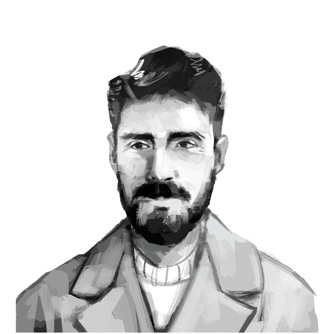 A black-and-white sketch illustration of a bearded man