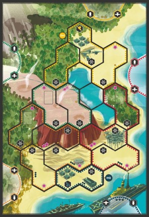 The Island board of General Orders: World War II depicting a Pacific beachhead split into hex areas and covered with various action symbols