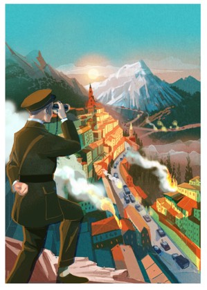 The final General Orders: World War II cover art, depicting the same scene as the previous sketch but now in vibrant colours with the sun rising over the mountains and fire and smoke rising from the town