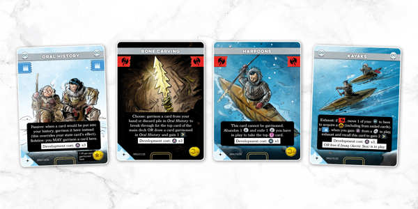 A sample spread of cards from the Inuit deck from Imperium: Horizons, named left to right: Oral History, Bone Carving, Harpoons and Kayaks