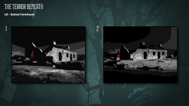Two black-and-white concept sketches of a ruined farmhouse with occult markings daubed on one wall