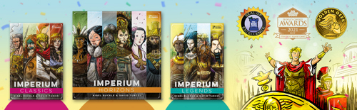 A banner image with the game boxes of Imperium: Classics, Imperium: Horizons & Imperium: Legends side by side next to an illustration of a triumphing Roman general underneath The Dice Tower Seal of Excellence and the UKGE Awards and BGG Golden Geek crests