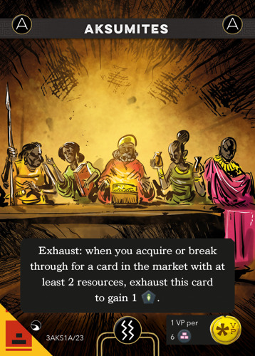 A sample card from Imperium: Horizons titled Aksumites, with art depicting a group of Aksumites in fine clothes sat behind a long table
