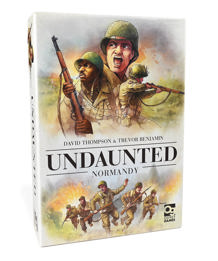 An image of the box for Undaunted: Normandy, with art showing US WW2 soldiers charging across a field of explosions