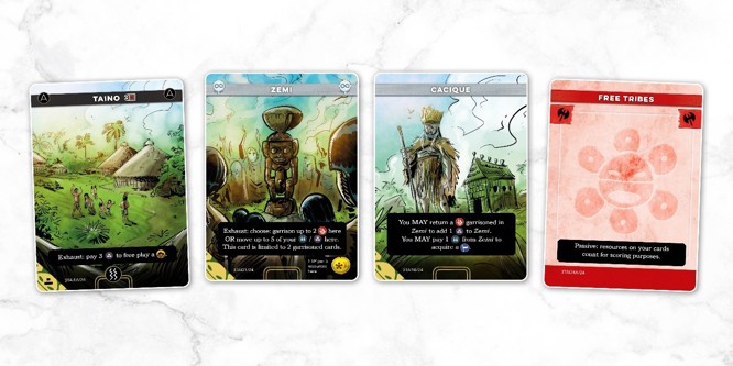 A sample spread of cards from the Taino deck of Imperium: Horizons, named left to right: Taino, Zemi, Cacique, Free Tribes