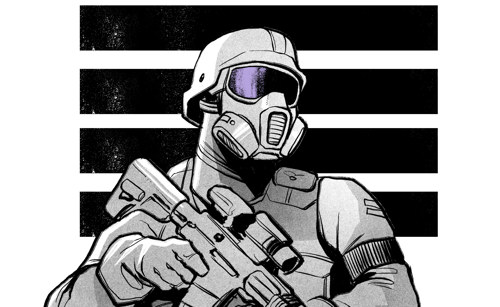 An illustration of a figure in futuristic armour holding a gun