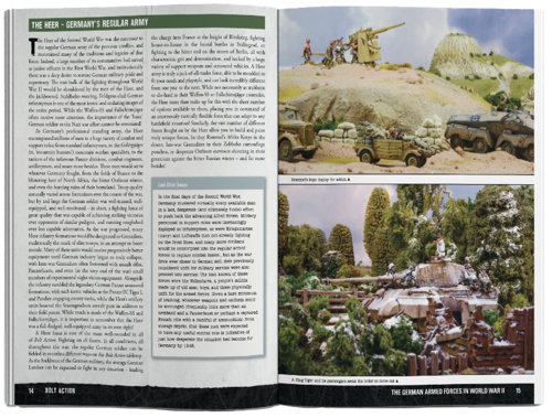 A sample spread of Bolt Action: Armies of Germany: Third Edition showing historical background text alongside two photos of fully painted miniature figures and terrain for desert and snowy battlefields