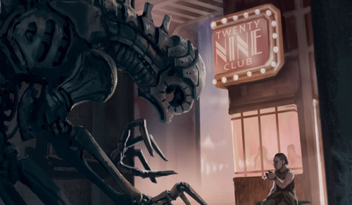 An illustration of a sinister robotic figure lurking in an alley watching someone smoke outside a lit-up art deco sign reading "TWENTY NINE CLUB"