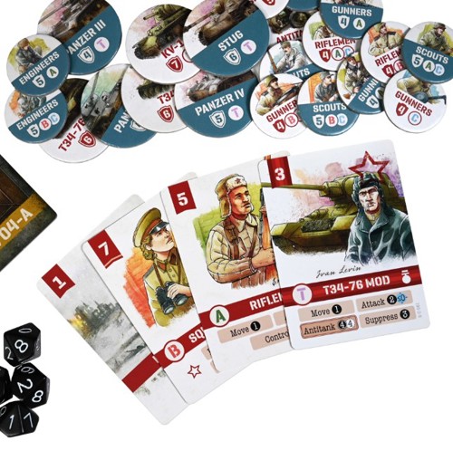 A photo of Undaunted: Stalingrad components laid out: 10-sided dice, a wide variety of unit counters, and a sample hand fanned to show art of different individual soldiers