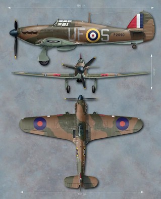 An illustration of the Hurricane I aircraft as seen from side-on, front-on and above.