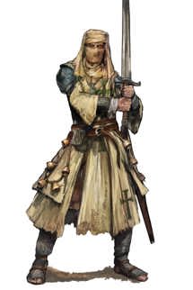 An illustration of a person with leprosy in medieval armour and a cloth headwrap, holding a greatsword in both hands