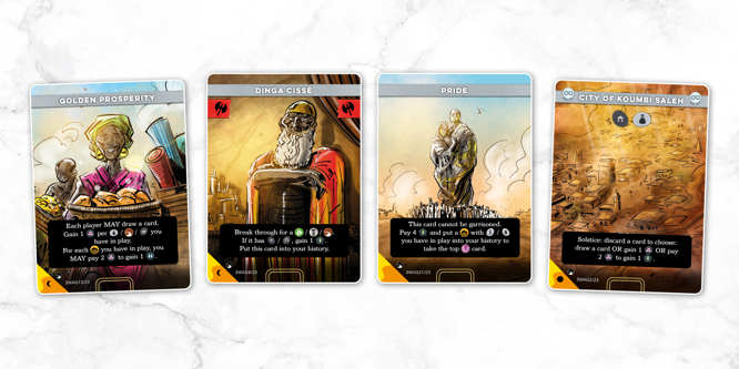 A selection of sample cards from the Wagadou deck of Imperium: Horizons, named left to right: Golden Prosperity, Dinga Cissé, Pride, City of Koumbi Saleh