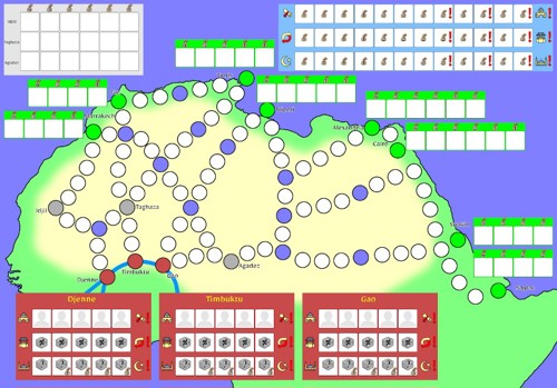 An image of an early prototype for the board of Sankore, showing a map of North Africa dotted with various paths and surrounded by smaller sub-areas