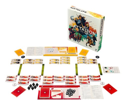 A photo of a fully set-up game of Battalion: War of the Ancients in front of a copy of the game box, with two player areas opposite each other including a camp board, a hand of tactic cards, 8-sided dice, printed wooden command tokens and an army made up of various units of illustrated cardboard unit tiles