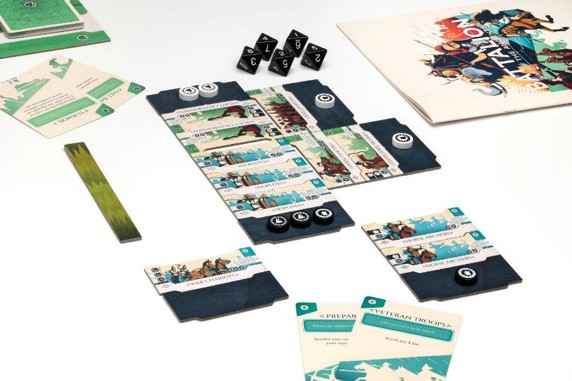 A close-up photo of final components in a game of Battalion: War of the Ancients, with unit tiles now fully illustrated and with printed wooden tokens