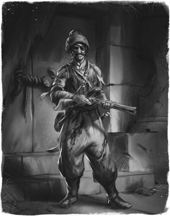 An illustration in a black and white, sketch-like style depicting a Napoleonic-era Egyptian soldier wearing a turban and eyepatch, holding a blunderbuss, and with a curved sword at his hip