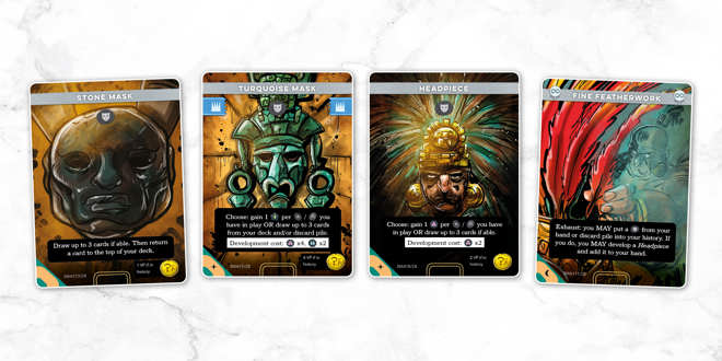 A sample spread of cards from the Mayans deck of Imperium: Horizons, titled left to right: Stone Mask, Turquoise Mask, Headpiece and Fine Featherwork