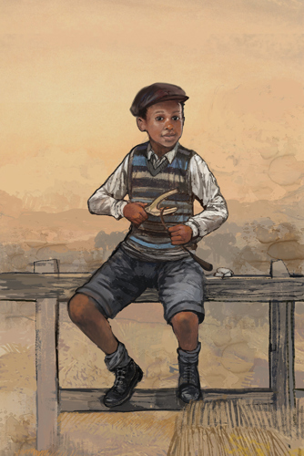 An illustration of a young WW2 evacuee boy in a flat cap sat on a fence