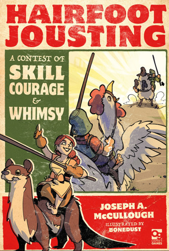 The cover of Hairfoot Jousting, with bright, cartoony art depicting halfling jousters on various mounts from a giant weasel to an oversized chicken