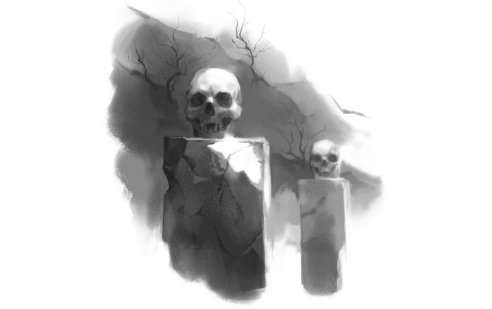 An illustration of human skulls on stone pillars in front of a barren hillside and leafless trees