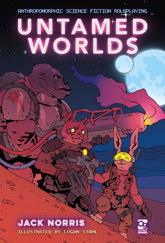 The cover of Untamed Worlds: Anthropomorphic Science Fiction Roleplaying by Jack Norris and illustrated by Logan Stahl, depicting a humanoid ape, cat and hare in military gear stood on the surface of a desert planet with two blue moons in the sky above