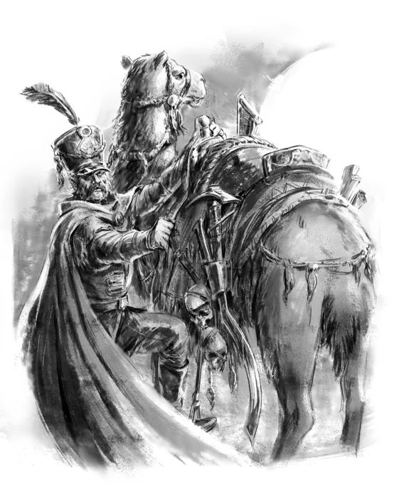 A stylised, black and white sketch-like illustration of a Napoleonic cavalryman in an eyepatch and cloak mounting a camel, with skulls and a khopesh hanging from the saddle