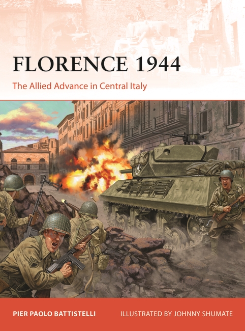 Florence 1944 book cover with art of soldiers and a tank in a square of the city