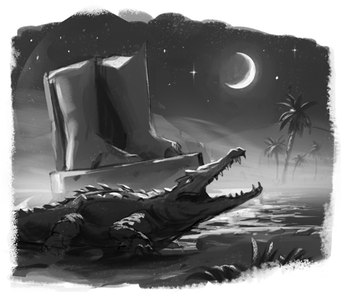 A black and white, stylised, sketch-like illustration of a monstrous crocodile crawling out of the Nile under a crescent moon, next to the broken feet of a giant ruined statue