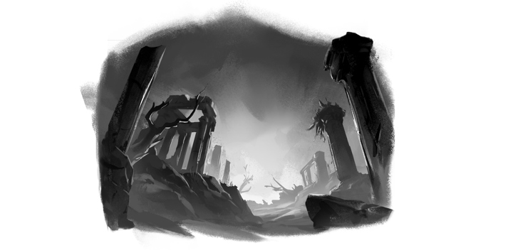 An illustration of overgrown Classical ruins