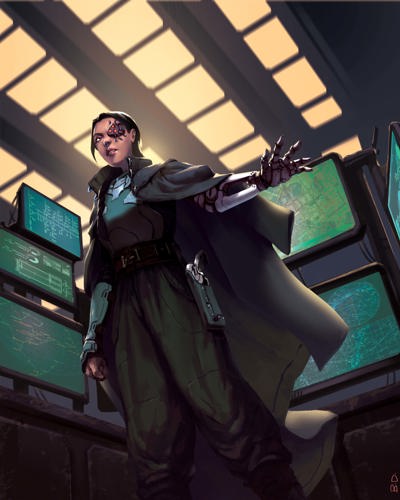 An illustration of a woman with a cybernetic arm and eye surrounded by computer screens