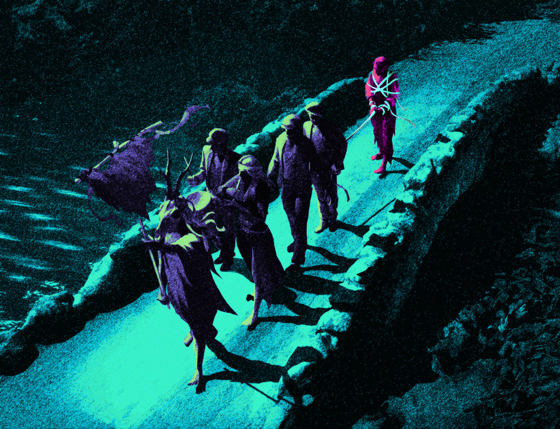 An illustration of a figure being led along for sacrifice over a rustic footbridge by a procession of cultists