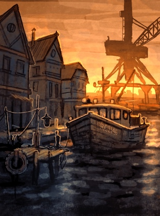 An illustration of an abandoned docks with a rickety peer, small boat and a crane in the background