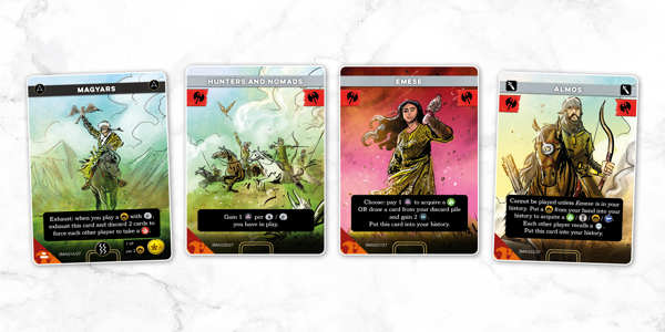 A sample spread of cards from the Magyar deck from Imperium: Horizons, titled left to right; Magyars, Hunters and Nomans, Emese and Almos