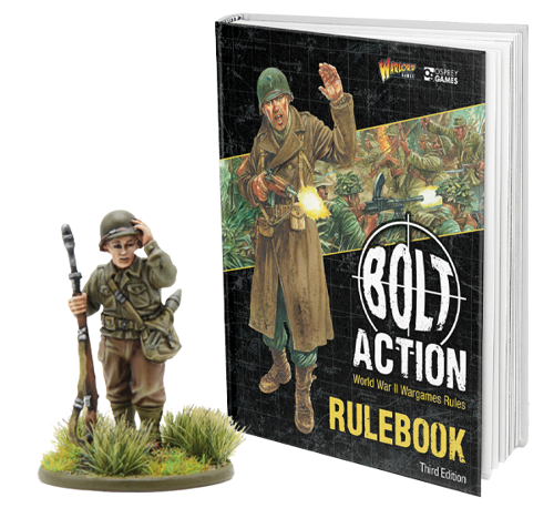 An image of the Bolt Action: Third Edition book alongside a fully painted miniature figure of a WW2 soldier