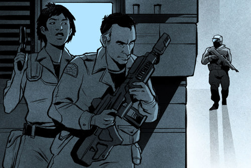 An illustration of an armed man and a woman peeking round a corner while a futuristic guard approaches on patrol