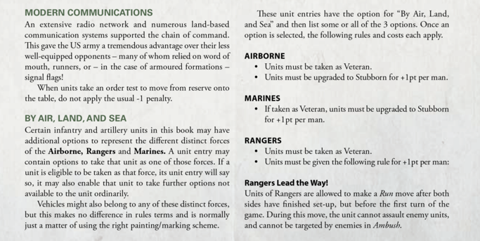 An extract from the Bolt Action: Armies of the United States: Third Edition rulebook, showing the US special rules Modern Communications and By Air, Land, And Sea